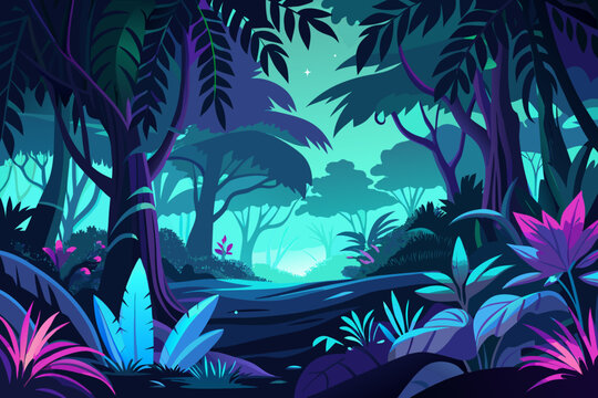 Mystical jungle path bathed in vibrant neon twilight, showcasing lush exotic foliage and ancient trees creating an enchanting, otherworldly atmosphere for fantasy or adventure themes