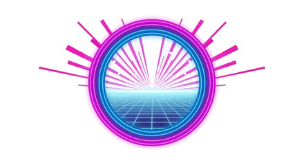Obraz premium Retrofuturistic circular portal to vibrant virtual horizonscape background