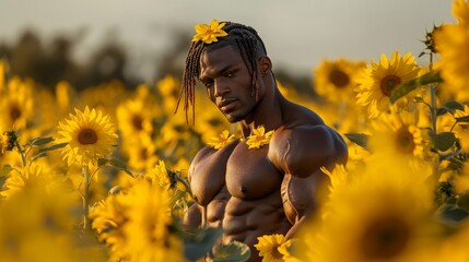 Muscular Man Posing in a Vibrant Sunflower Field