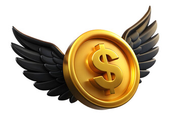 Gold coin with dollar sign and black wings symbol money