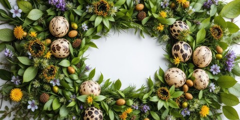 Fototapeta premium Floral Easter Egg Decorated with Quail Eggs and Leaves