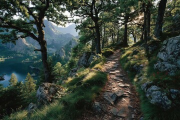 Obraz premium Serene forest path winding towards a tranquil lake and majestic mountains