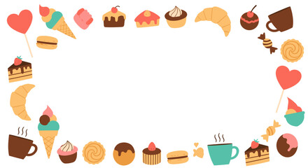 Fototapeta premium A whimsical border of delicious desserts and sweet treats for festive occasions