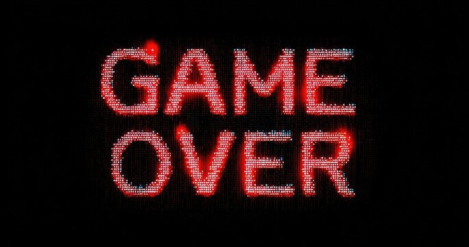 Retro pixelated "Game Over" text in red, distressed effect on a black background - Powered by Adobe