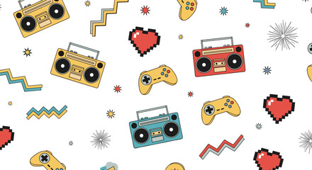 Retro boombox and gaming controller pattern featuring pixelated hearts and geometric shapes for a nostalgic vibe