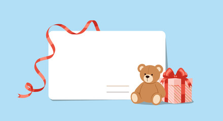Fototapeta premium Blank card with ribbon teddy bear and gift box on a blue background for special occasions and celebrations