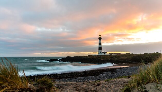 Coastal lighthouse at sunset, waves crashing on rocky shore (1)