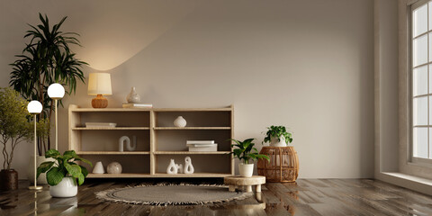 Minimalist interior wellness with natural elements and cozy lighting. 3D render illustration