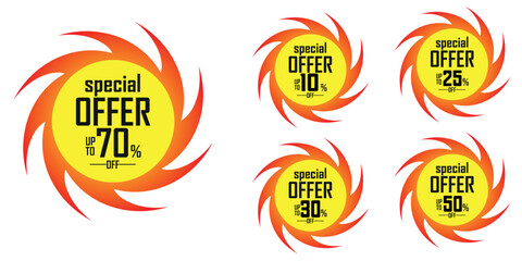 Special Offer Sunburst Tags Collection. Discount Up to 70%, 50%, 30%, 25%, 10% Off. Promotional Badges. Vector Illustration