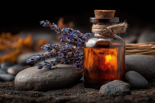 Amber glass bottle with lavender and stones