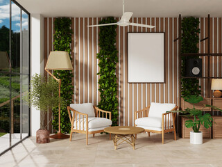 Chic interior ambiance featuring greenery and modern design in a cozy living room. 3D render...