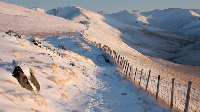 Snowy mountain pass with a fence.