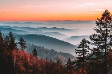 Mountainous vista at sunset, hazy layers of hills