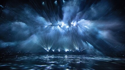 Abstract stage lights with blue and white streaks and clouds