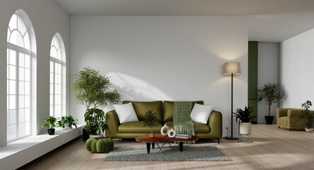 Contemporary living room design emphasizing natural light and green elements. 3D render illustration