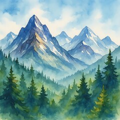Fototapeta premium A watercolor painting of tall mountains with pine forests in the foreground