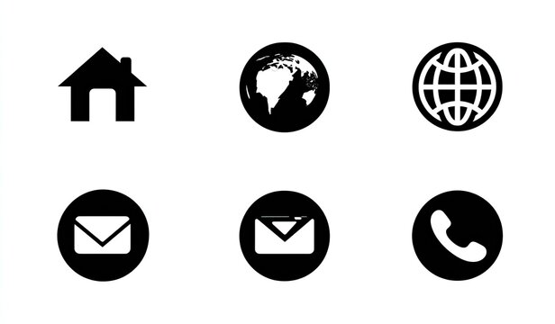 Set of simple, black contact icons.  Home, globe, email, phone, and world icons in circles
