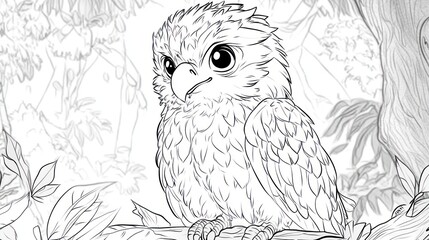 Fototapeta premium An owl chick perched on a branch in the forest looking to its left, outline drawing