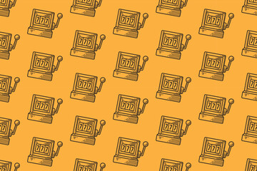 Slot machine poker line art seamless pattern on yellow background for merchandise. Jackpot bet engraving doodle pattern background. Casino 777 machine hatching motif wallpaper. Vector Illustration