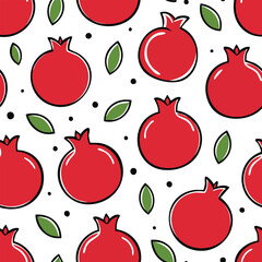 Seamless pattern featuring vibrant red pomegranates with green leaves and black dots on white background.
