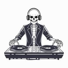 A detailed illustration of a skeleton wearing headphones and playing music on a turntable.