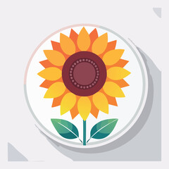 A detailed illustration of a vibrant sunflower with yellow and orange petals, green leaves, and a dark center.