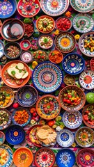 Collection of vibrant Mexican dishes with ornate folk art patterns displayed beautifully