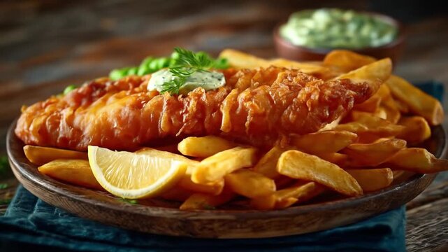 Crispy Fish  Chips with Lemon with Peas and Sauce on Rustic Wooden Plate.
