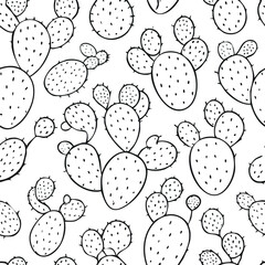 Black and white seamless pattern of various prickly pear cacti on a white background.