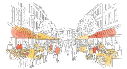 Vibrant urban scene of a bustling outdoor farmers market with fresh produce