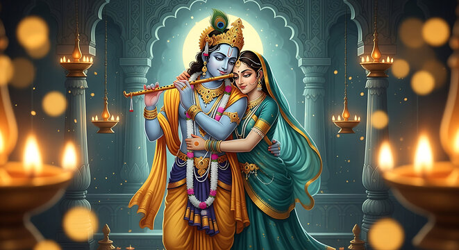 Krishna and Radha in a Temple Setting with Oil Lamps.