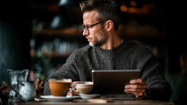 Entrepreneur researches funding options for startup while working from cafe