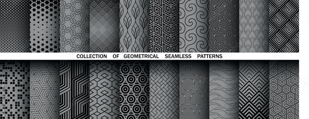 Poster geometric set of seamless black and gray patterns. simple vector graphics