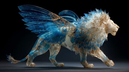 Fototapeta premium A translucent, winged lion with intricate details, gold accents, and blue wings, on a dark backdrop
