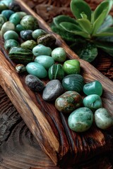 Colorful tumbled stones on wooden tray, green accents