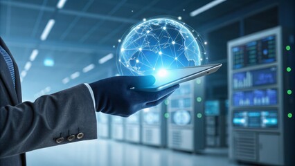 Modern businessman holding glowing digital globe on tablet in server room, showcasing global technology.