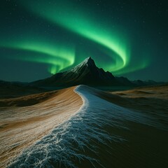 Majestic Aurora Borealis Over Snow-Dusted Dunes and Mountains