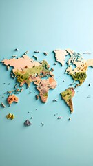 Artistic World Map with Detailed Topography on a Calming Light Blue Background
