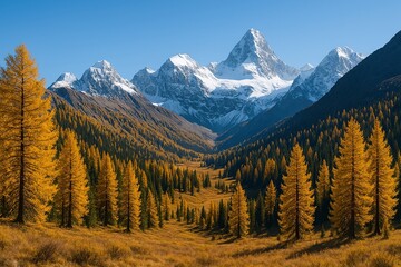 Majestic Autumn Mountain Landscape with Golden Larches