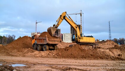 Fototapeta premium Excavator loading a truck with dirt on a construction site
