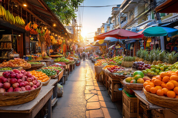 Colorful Outdoor Market with Fresh Produce and Handmade Goods