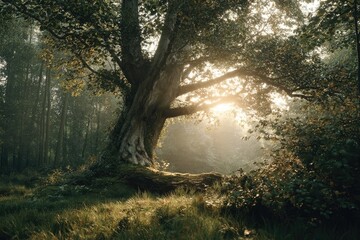 Obraz premium Sunlight filtering through ancient woodland tree