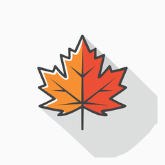 Flat design illustration of a vibrant orange and red maple leaf with a long shadow on a white background.