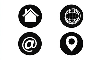 Obraz premium Four black circular icons. Home, globe, email, location. Simple, graphic design (1)
