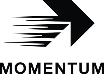 Black arrow with motion lines and word Momentum speed