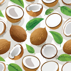 Illustration of a seamless pattern featuring coconuts, leaves, and a light background.