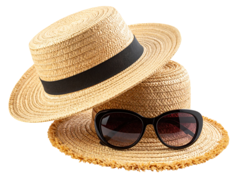 Beach Straw Hat and Sunglasses, isolated on transparent background