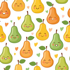 A delightful cartoon pattern featuring smiling pears in various colors on a white background.