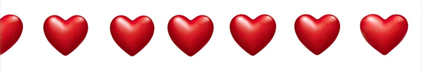 Six red hearts in a row on a white background