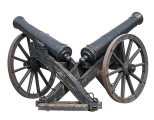 Antique black cannons on crossed wooden base